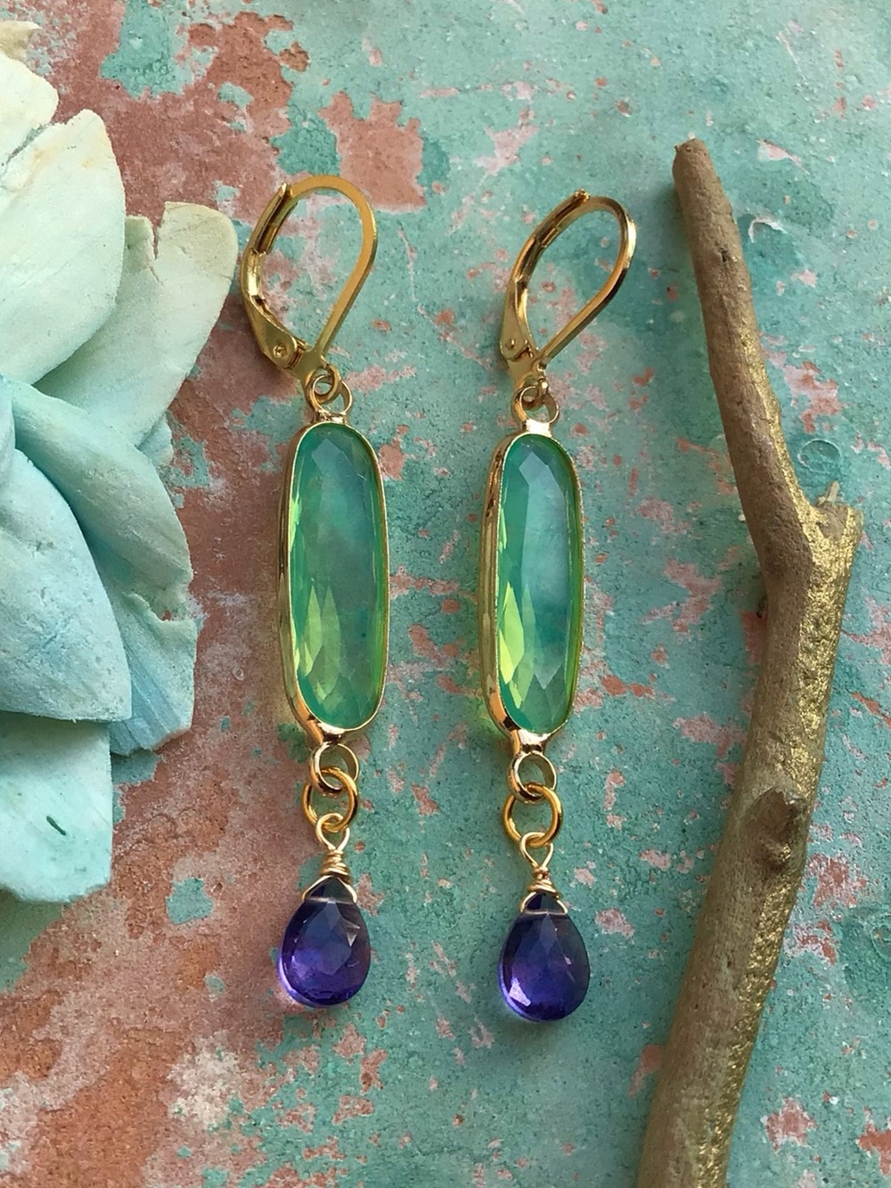 Blue mint chalcedony bezel tanzanite quartz gold plated Earrings - Picture 7 of 13